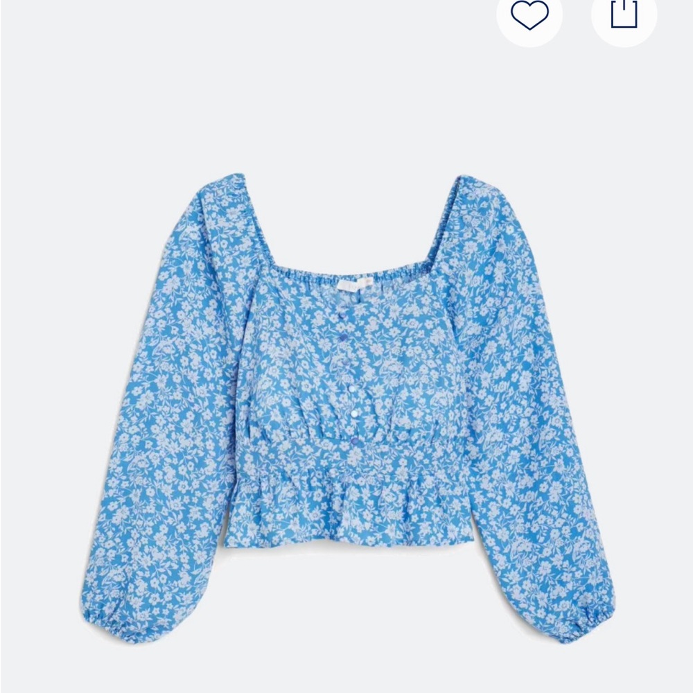 Lush Blue and White Puff Sleeve Cropped Blouse